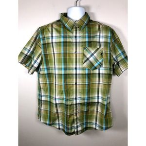 Marmot Men Button Down Shirt Short Sleeve Size L Green And White Plaid Polyester